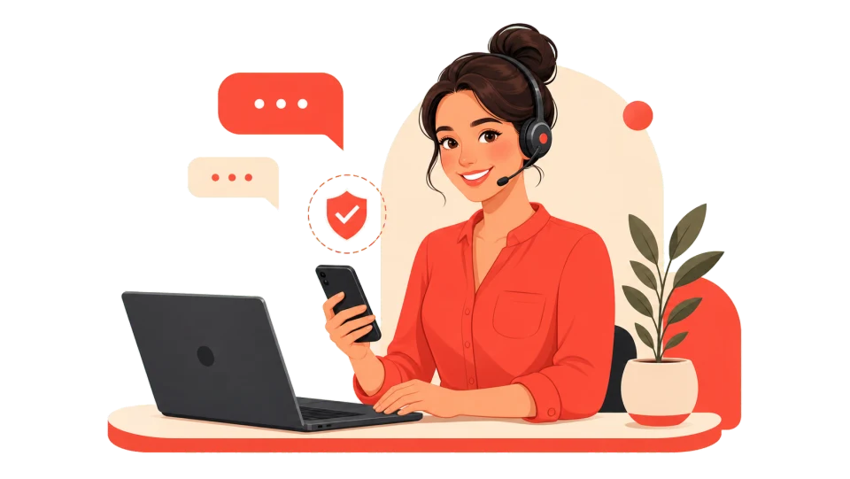 Illustration av en kundsupportmedarbetare med headset och mobiltelefon